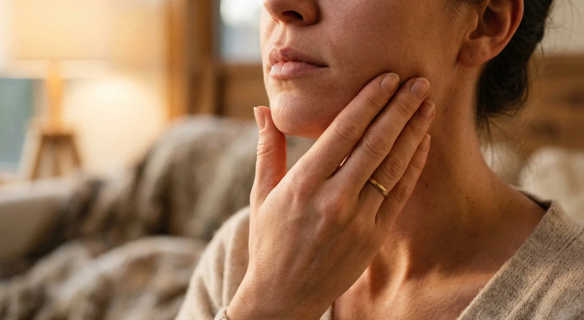 Person pressing a hand against their jaw, easing tension linked to stress-related teeth grinding.