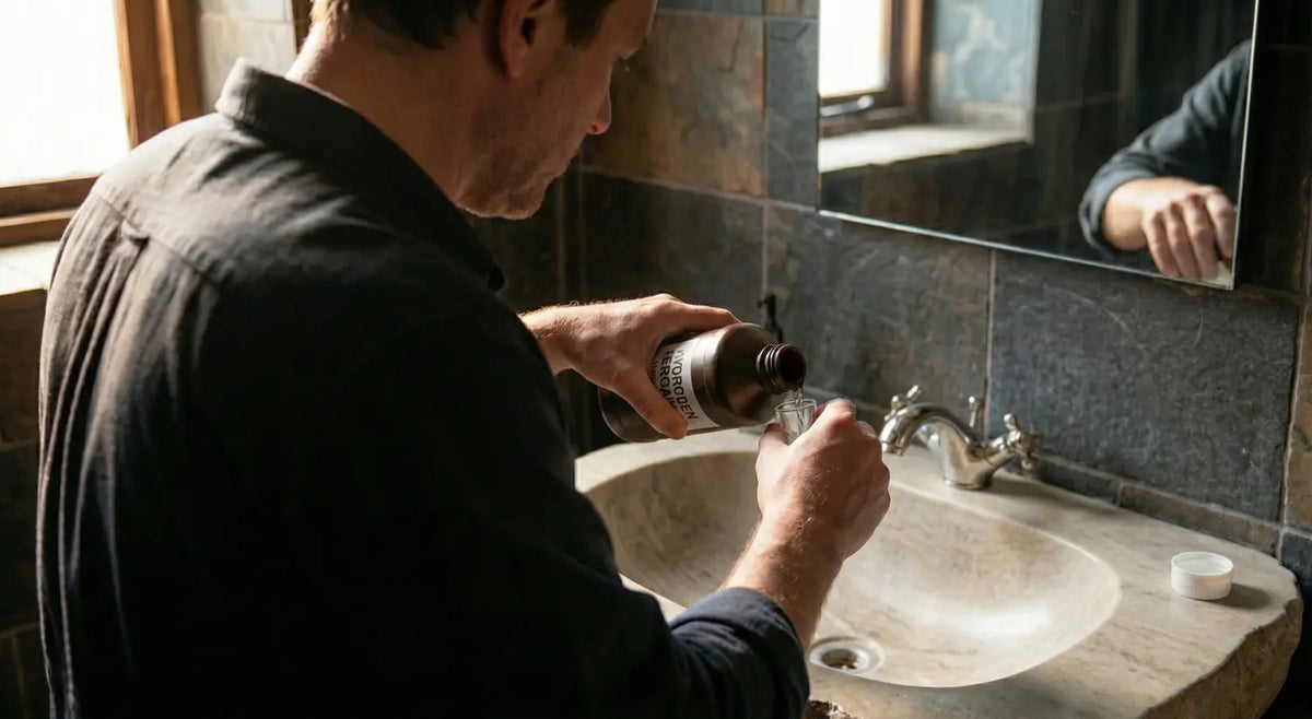 Person pouring hydrogen peroxide mouthwash into a small cup at a stone bathroom sink.