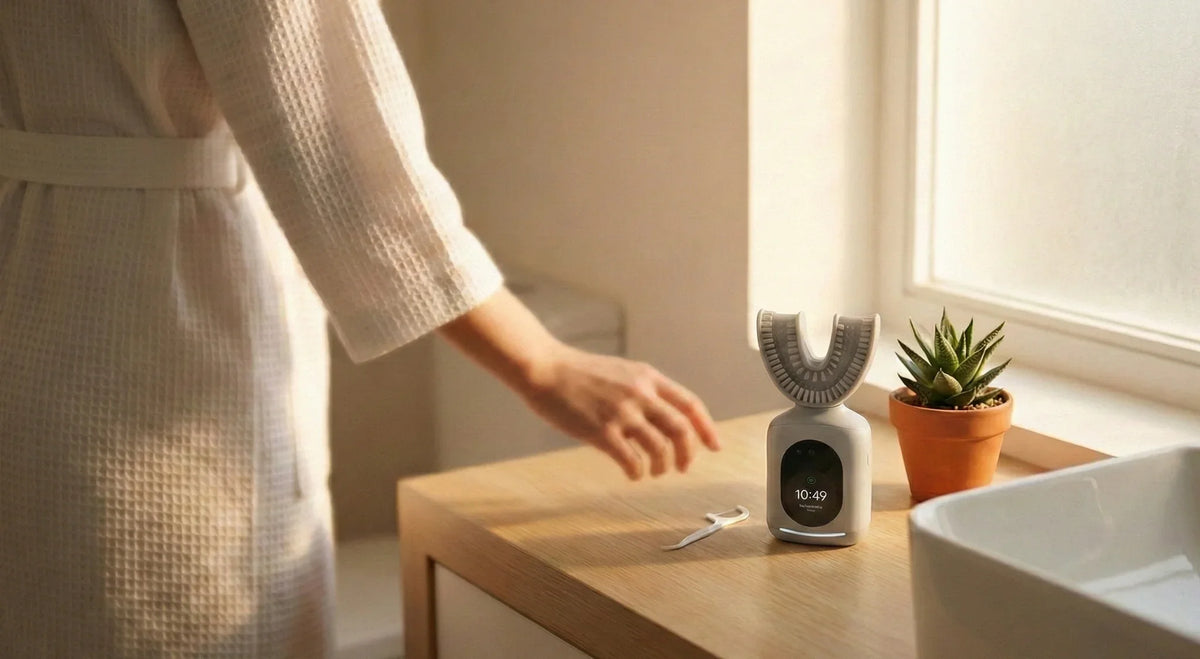 U-shaped smart toothbrush on a sunlit bathroom vanity beside floss and a small plant.