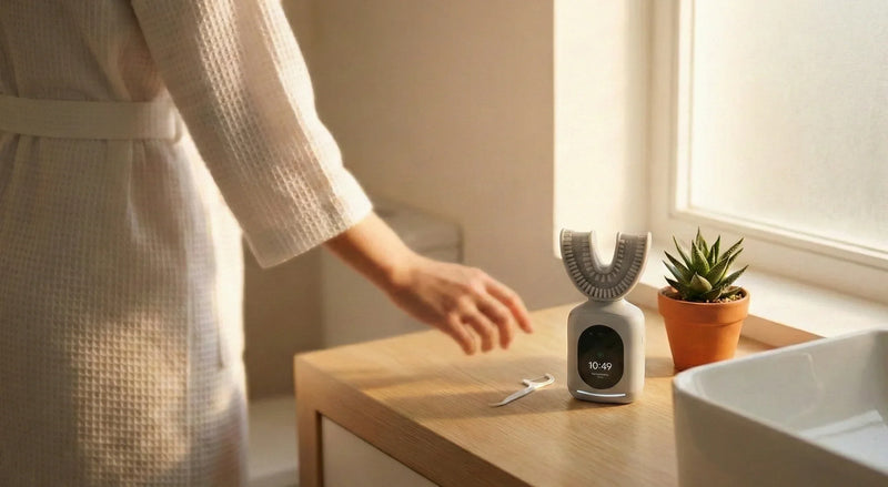 U-shaped smart toothbrush on a sunlit bathroom vanity beside floss and a small plant.
