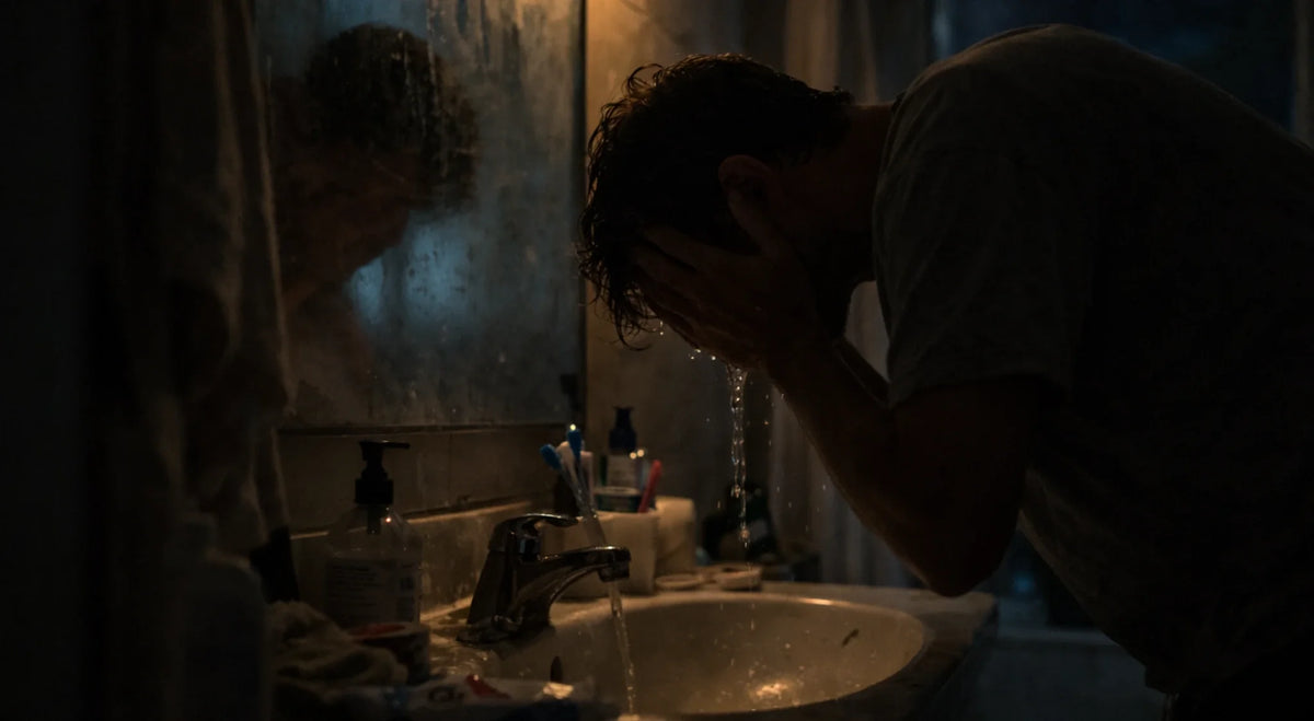 Stressed person splashing water on their face at a dim bathroom sink at night.