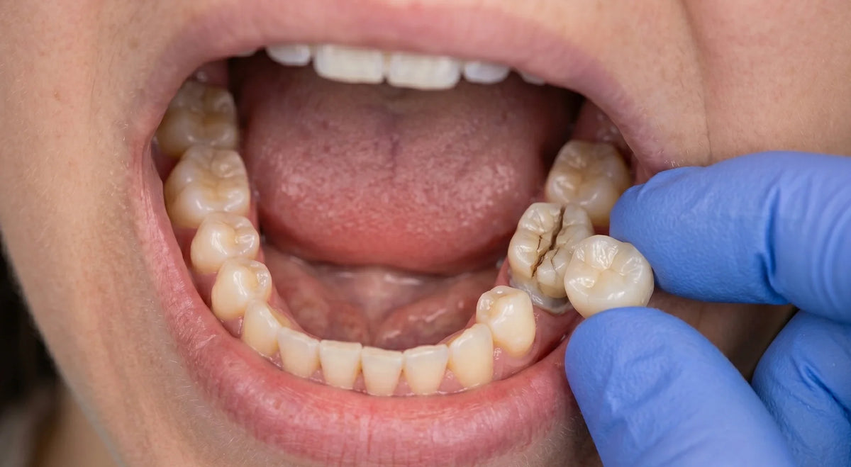 Dentist in blue glove pointing to a visibly cracked lower molar during exam.