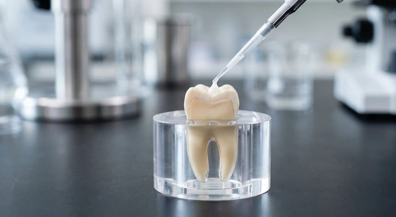 Pipette applying liquid to a cross-section tooth model in a lab enamel repair study.