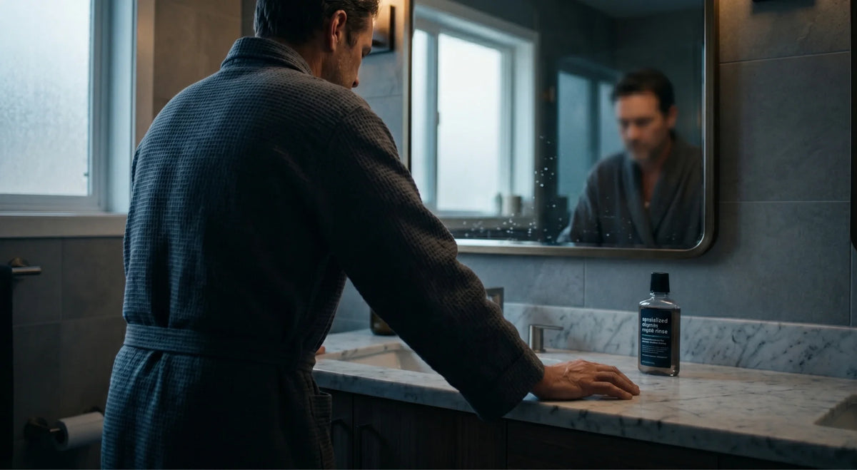 Person in a grey robe leaning over a bathroom sink, contemplating how to reverse dental damage.