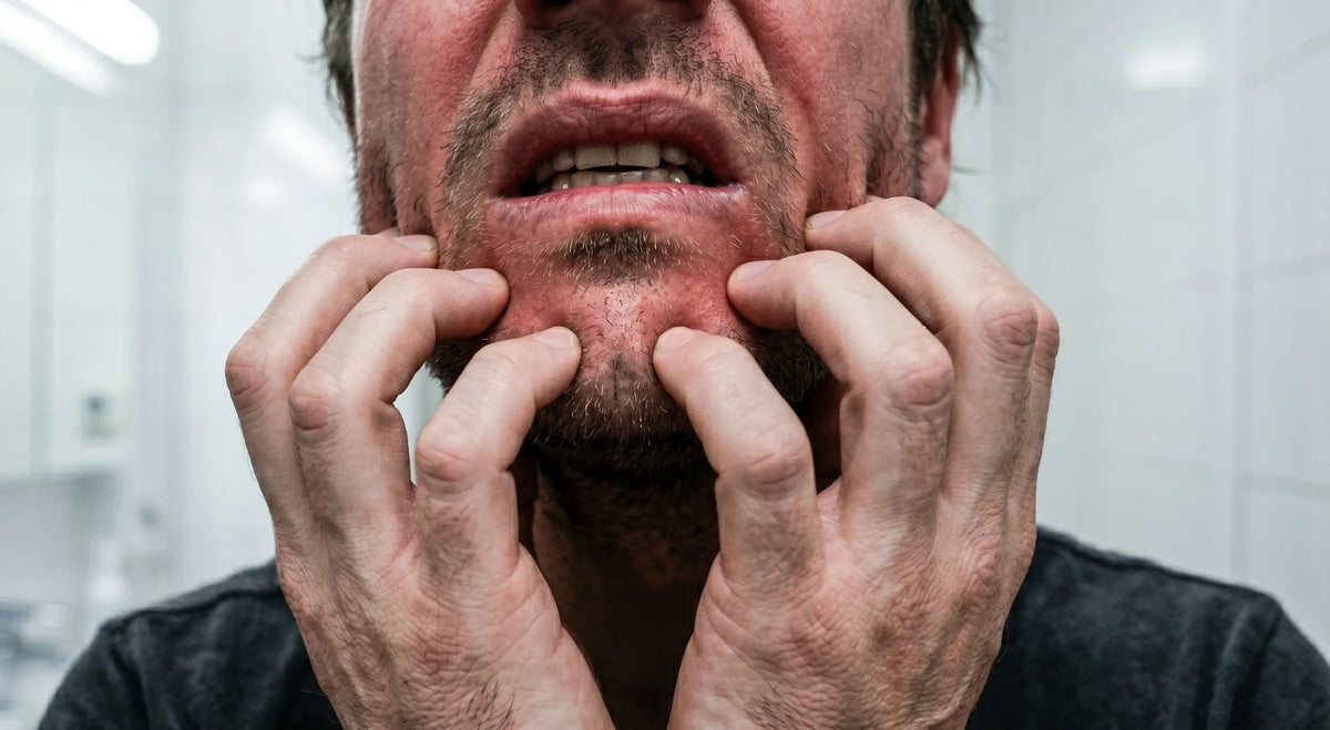 Close-up of a person clenching teeth and gripping their jaw in dental pain.