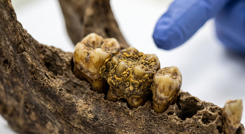 Gloved finger points to thick dental calculus crusting the molars of an ancient jawbone.