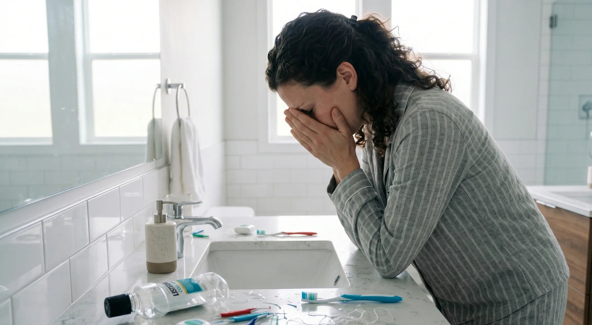 Frustrated person leaning over a bathroom sink with mouthwash, toothbrushes, and floss scattered nearby.