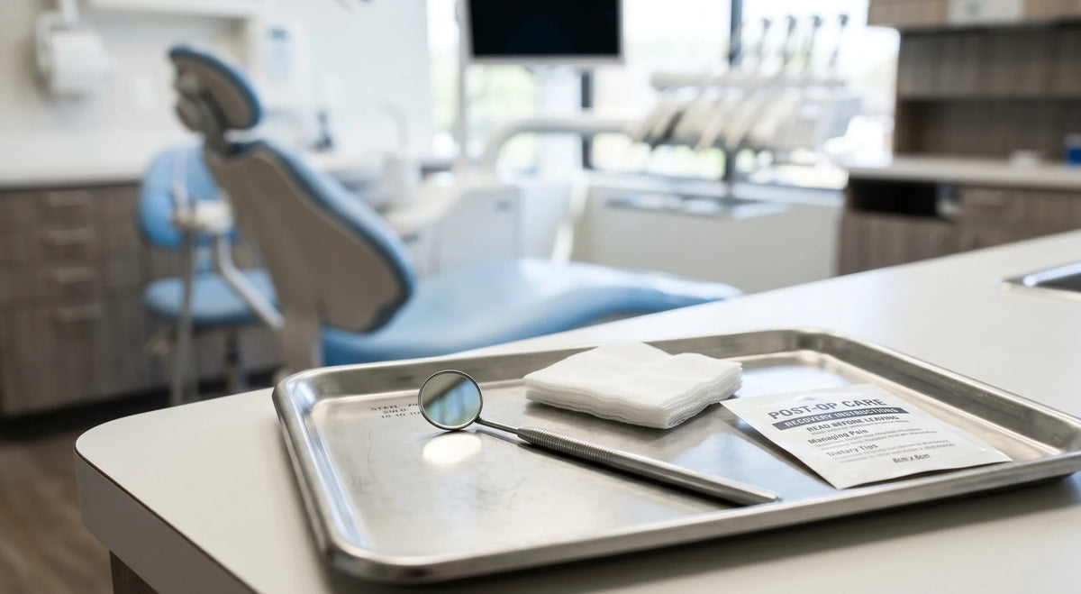 Dental mirror, gauze, and post-op care leaflet on a tray in a dental office.