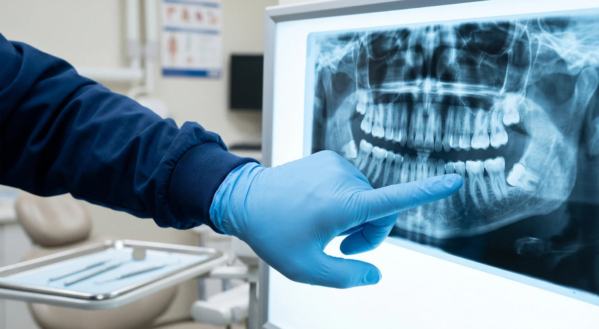Gloved dentist points at a wisdom tooth on a panoramic dental X-ray lightbox.