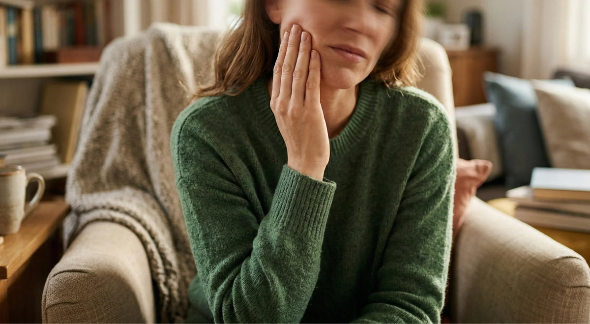 Person in green sweater holding cheek with a wince from sore gums after cleaning.
