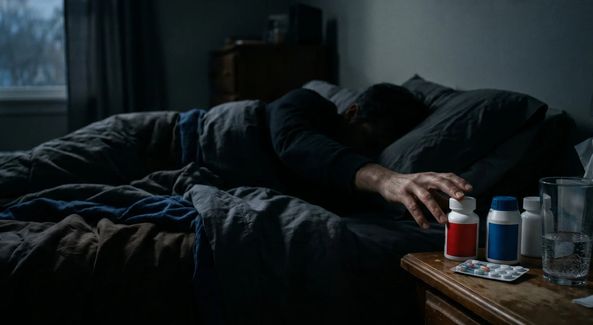 Person in bed reaching for medication bottles and pills to ease sinus or tooth pain.