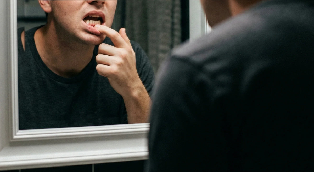 Person examining teeth and gums closely in a bathroom mirror to check for tooth wear.