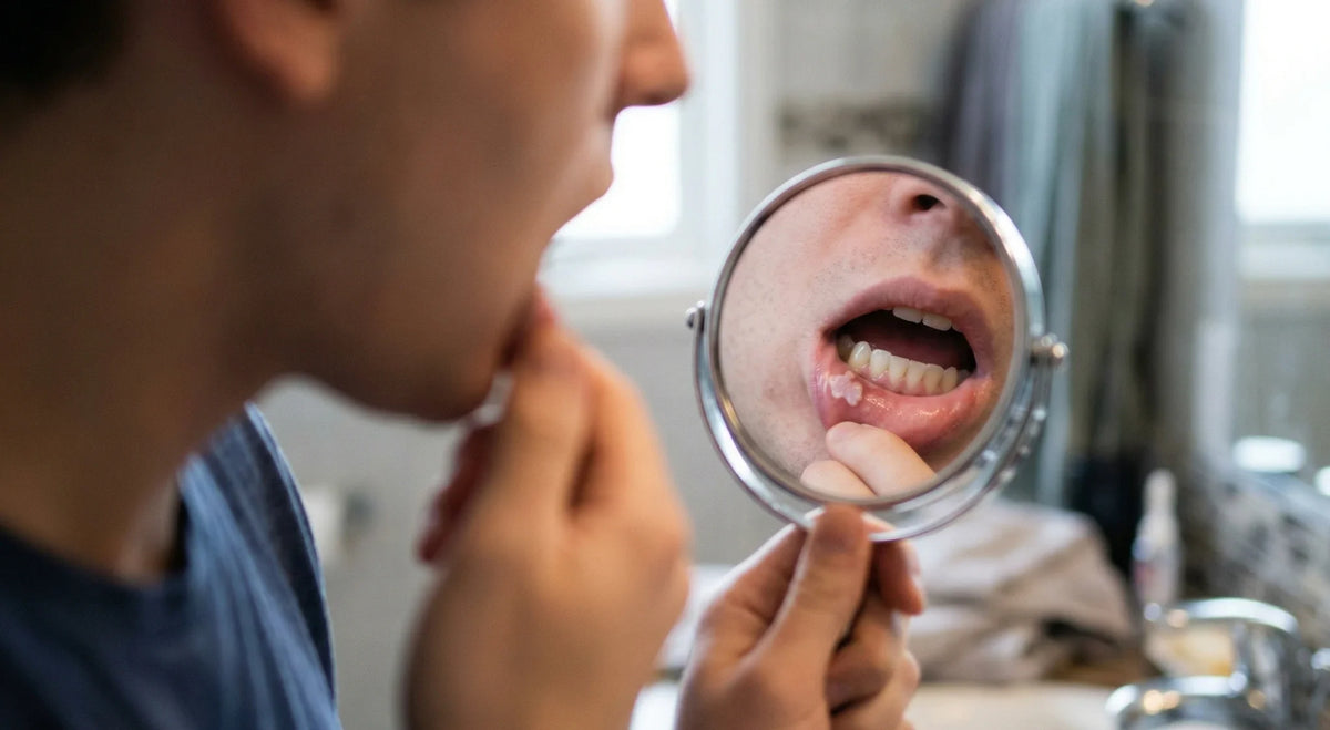 Person examining a white patch inside their lower lip in a bathroom hand mirror.