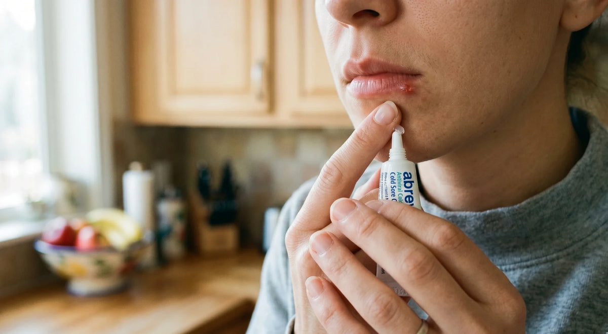 Person applying antiviral cold sore cream to a lip blister in a kitchen.