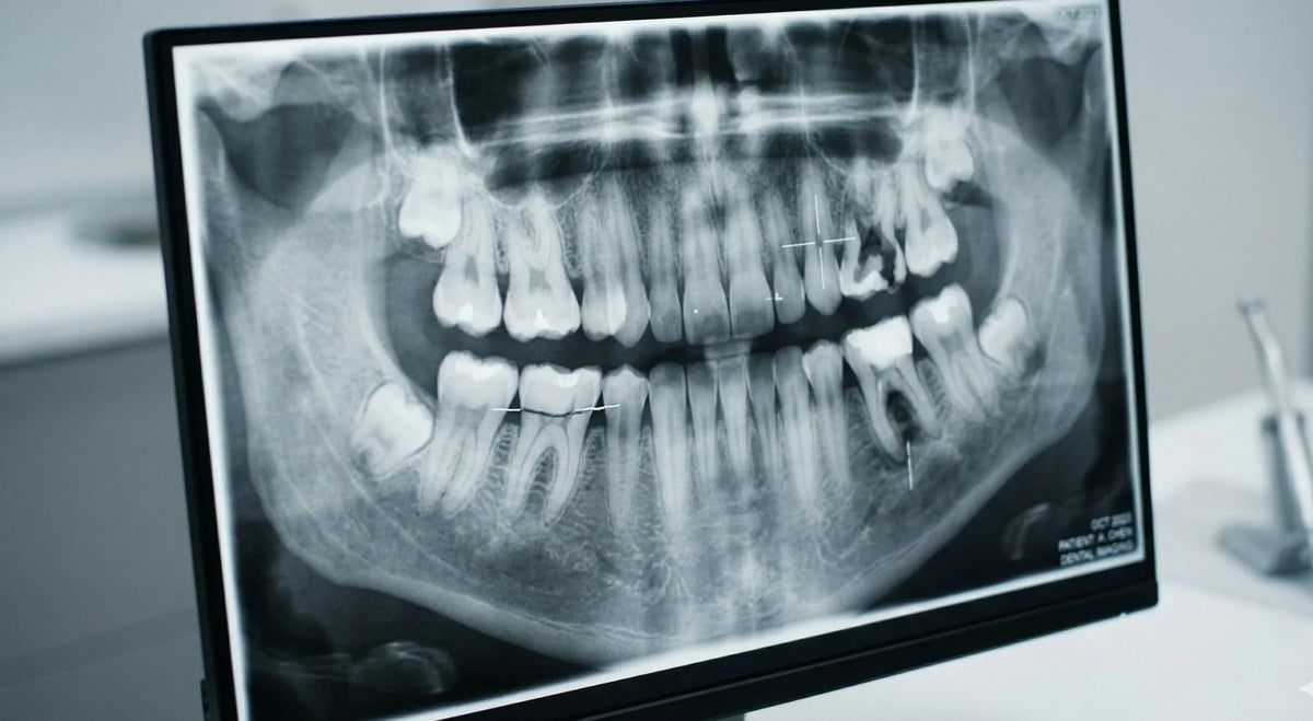 Panoramic dental X-ray on a monitor showing full arches, decayed molars, and marked measurements.