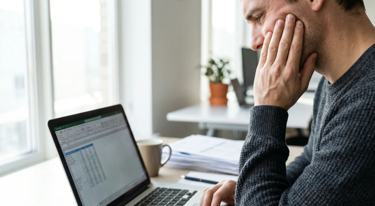 Person at a laptop holding their jaw in discomfort from crowned tooth pain.