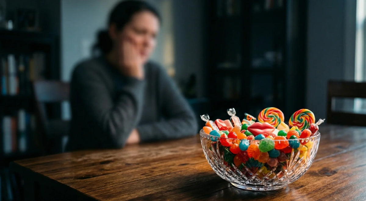 Crystal bowl of colourful sugary candy and lollipops on a table, person seated behind.