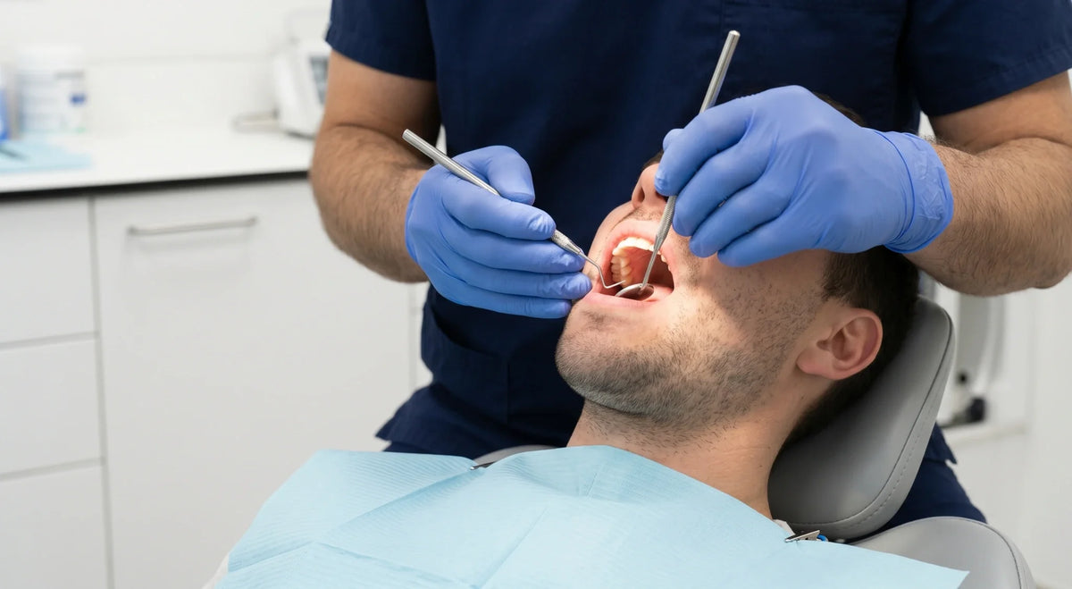 Dentist in blue gloves examines a reclined patient's open mouth during a checkup.