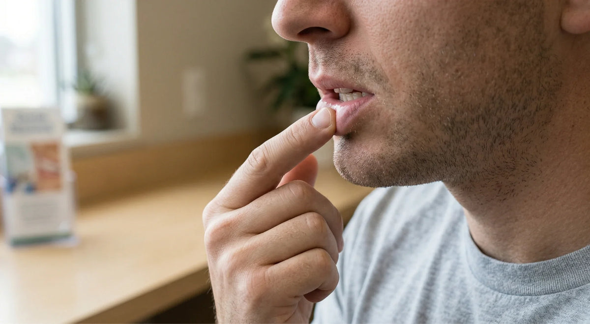 Person touching their lower lip, checking for lingering numbness after a dental injection.