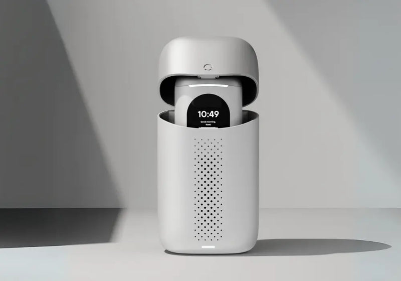 Mouth-shaped toothbrush with digital display stored inside a sleek UV cleaning and charging case