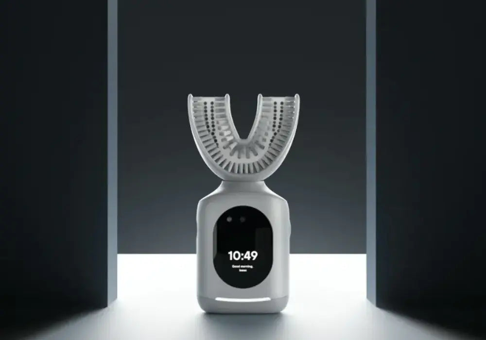 Smart dental care tool with mouthpiece brush displayed in dramatic lighting, featuring a digital clock interface