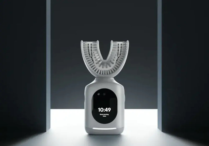 Smart dental care tool with mouthpiece brush displayed in dramatic lighting, featuring a digital clock interface
