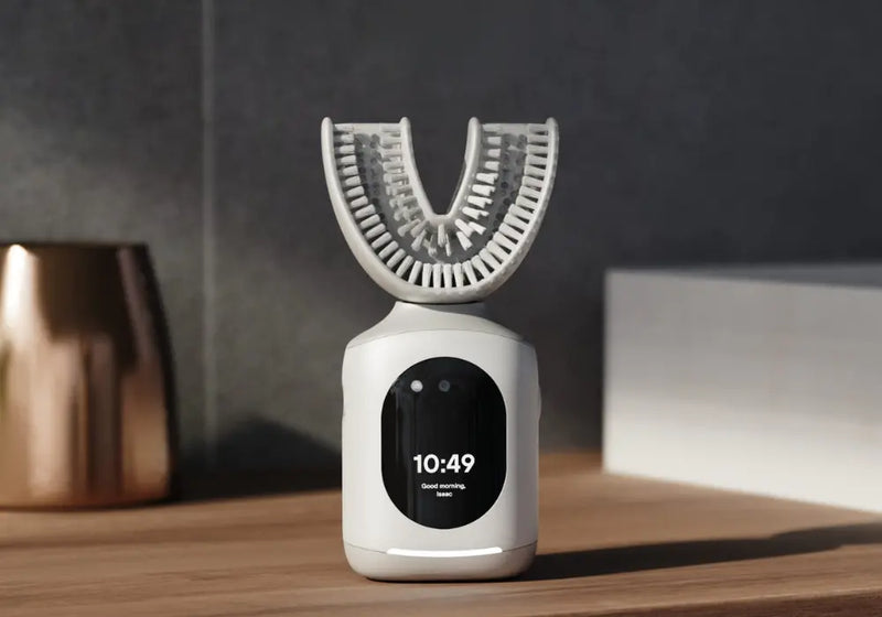 electric toothbrush standing on a counter, blending sleek design with smart dental technology.