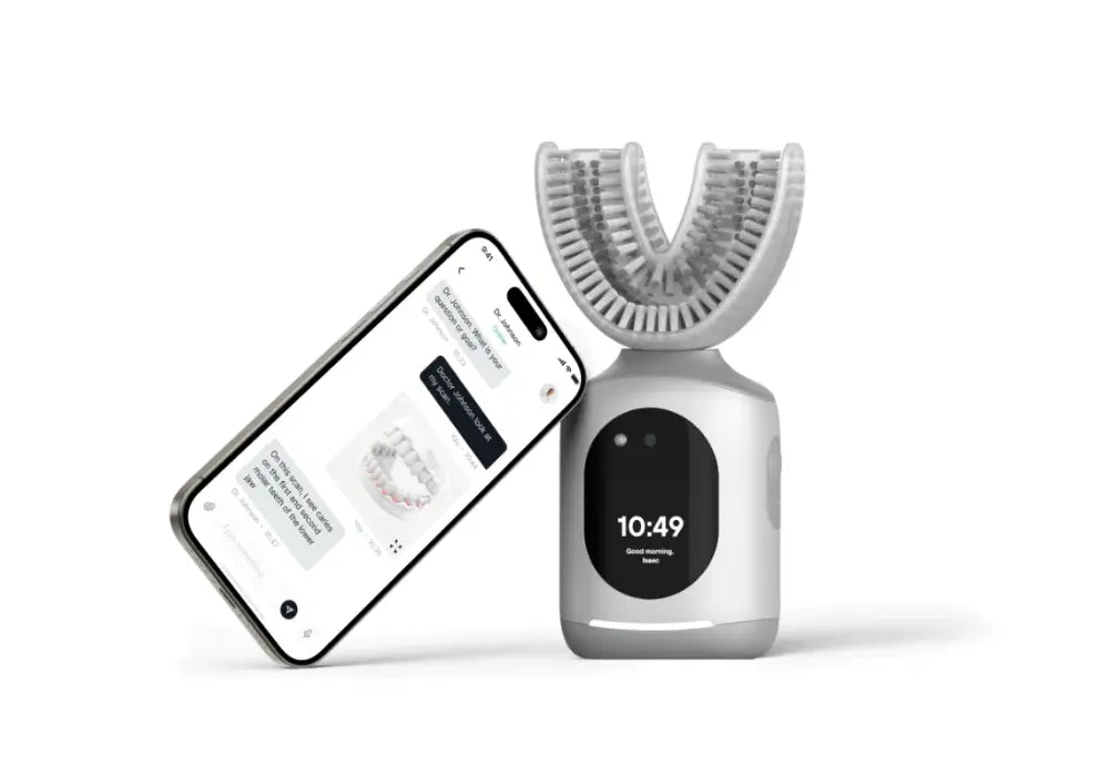 Smart toothbrush brands showcased with an AI-powered toothbrush and a smartphone displaying its connected app.