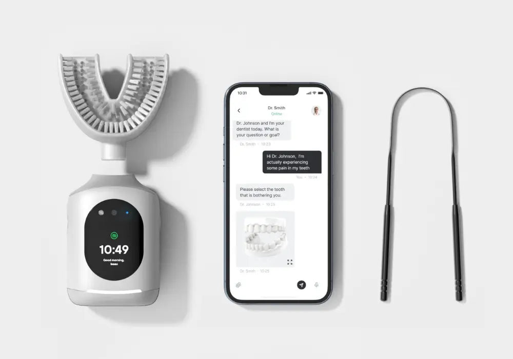 U-shaped smart toothbrush beside a phone showing a dentist chat app and tongue scraper.