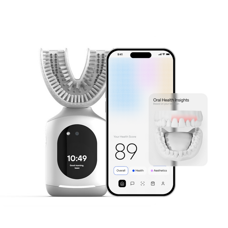 A white and gray Feno Smarthandle stands next to a smartphone showing a colorful health score app, with a small dental illustration overlay on the screen.