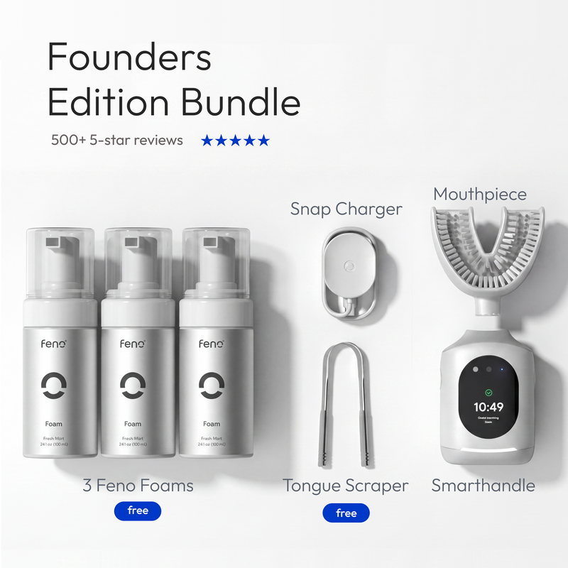 Founders Edition Bundle set on a clean white background, featuring three Feno foam bottles, a white snap charger, a mouthpiece, a tongue scraper, and a smart handle. Text at the top reads 'Founders Edition Bundle' with '500+ 5-star reviews' and five stars.