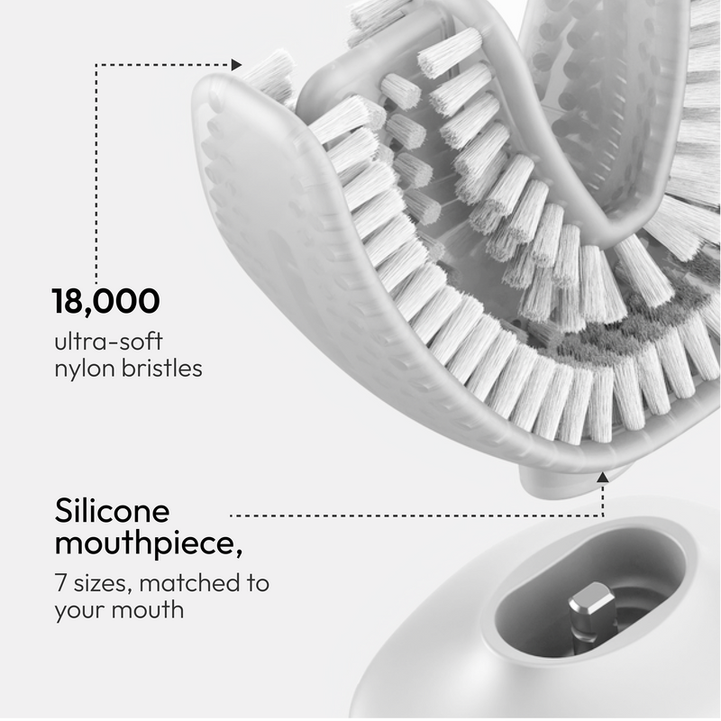 Close-up of a Feno mouthpiece showing its inner bristles with 18,000 ultra-soft nylon bristles. The mouthpiece comes in 7 sizes, matched to your mouth.
