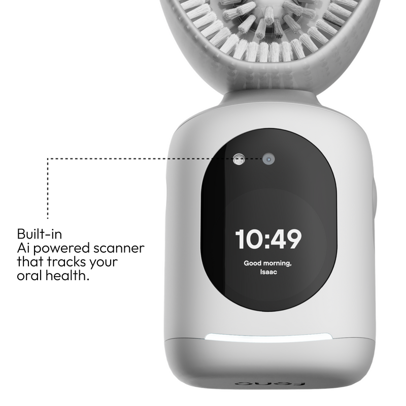 Close-up of a Feno Smarthandle with a circular black display screen showing the time, plus a dotted line pointing to the screen with text that reads 'Built-in Ai powered scanner that tracks your oral health.' The top of the device shows soft bristles.