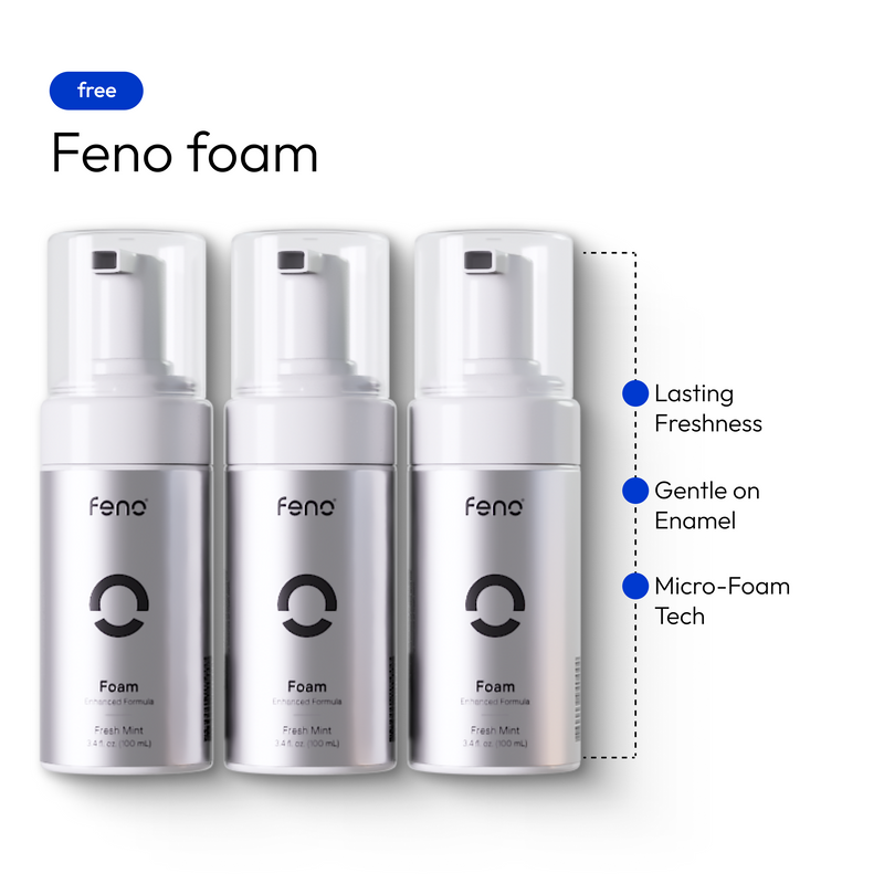 Three white and silver pump bottles of feno Foam arranged on a white background, with marketing text reading 'free Feno foam' and feature callouts including 'Lasting Freshness,' 'Gentle on Enamel,' and 'Micro-Foam Tech.'.