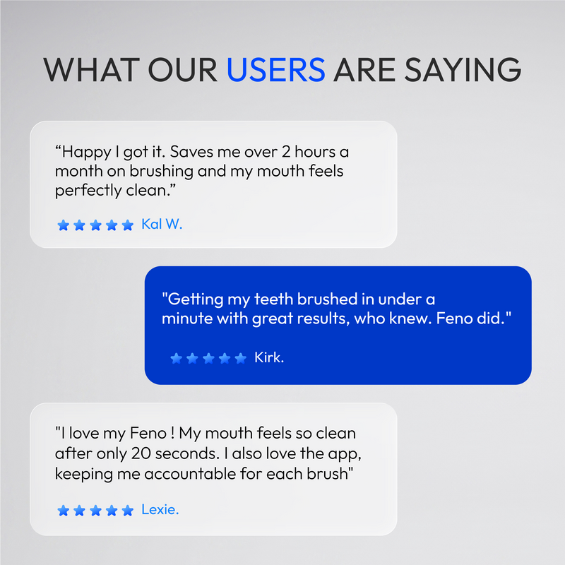 A promotional graphic with the heading 'WHAT OUR USERS ARE SAYING' above three user review quotes for Feno, shown in white and blue message bubbles on a light gray background.