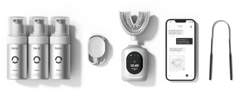 Feno smart toothbrush system with automatic U-shaped brush, foaming toothpaste bottles, smartphone dental app, and cleaning accessories.