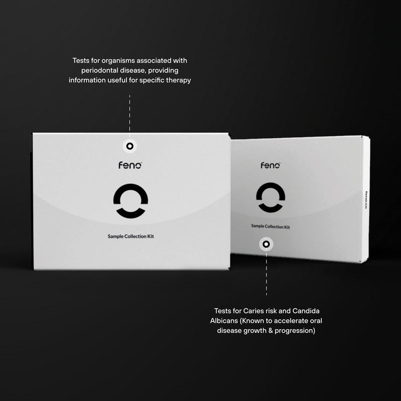 Two Feno oral kits displaying testing capabilities for periodontal disease organisms and caries risk assessment
