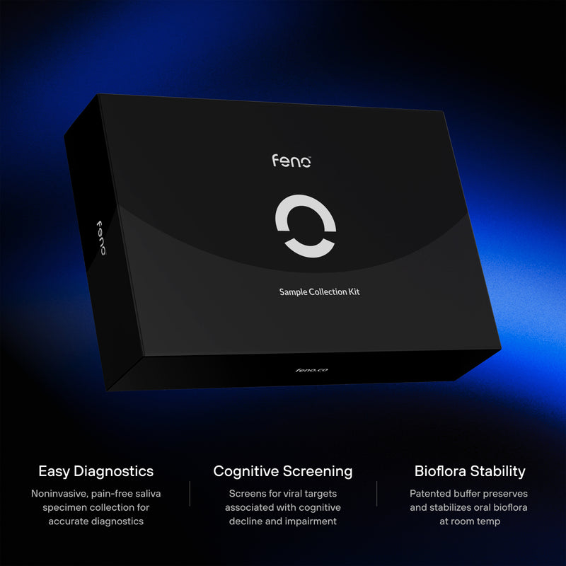 Feno sample collection kit in black packaging with highlighted diagnostic features for easy saliva testing, cognitive screening, and bioflora preservation