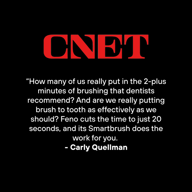CNET press quote from Carly Quellman highlighting the Feno Smartbrush's 20-second brushing time.