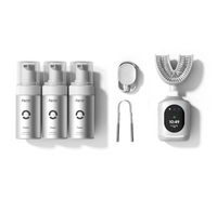 U toothbrush kit with smart brushing device, foam cleanser, tongue scraper, and app integration for personalized oral care.