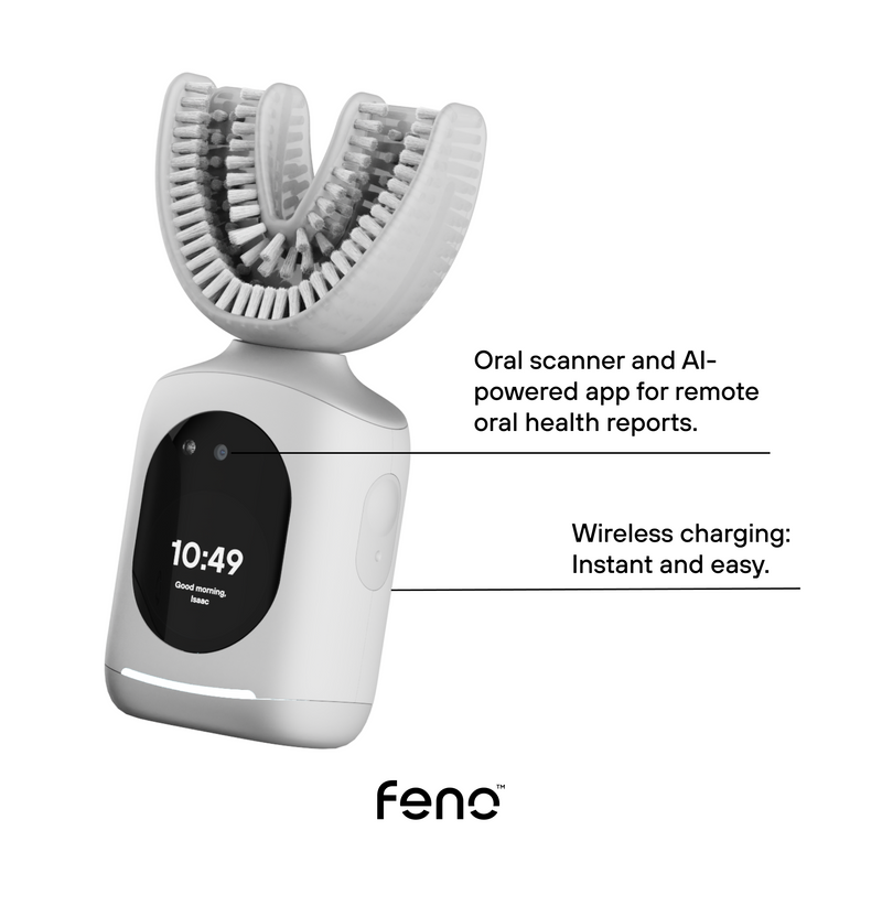 U shaped toothbrush for adults with smart display, wireless charging, and AI-powered app for remote oral health tracking.