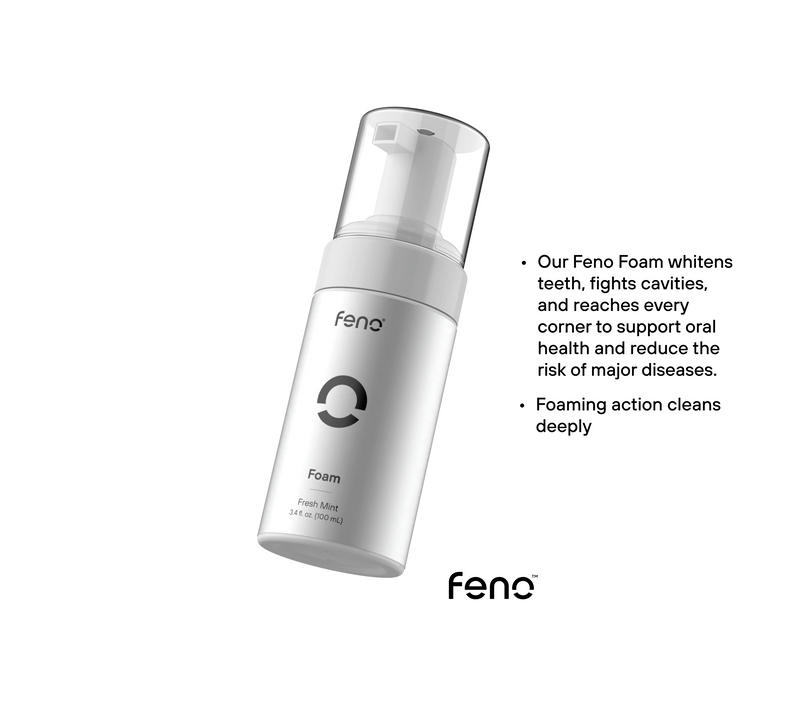 Feno fresh mint foam toothpaste bottle with product benefits highlighting whitening, cavity fighting, and deep cleaning action