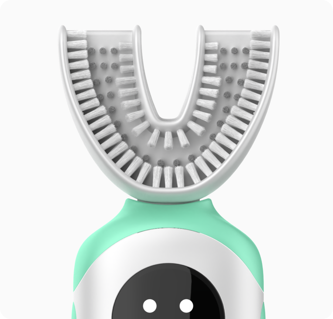 Smart toothbrush with U-shaped bristles and green handle designed for efficient hands-free oral cleaning.