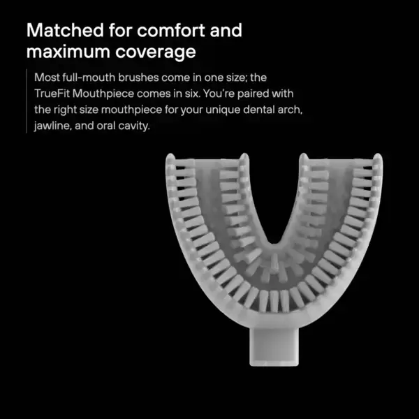 口形牙刷头采用多尺寸 TrueFit 设计,可个性化覆盖牙弓和下颌线。