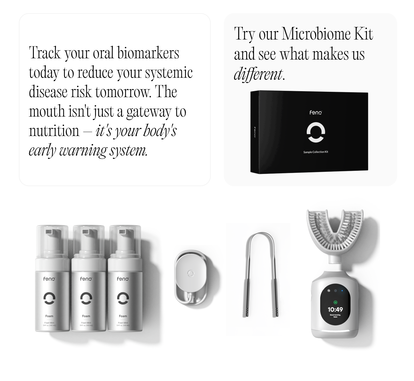 U brush system with smart toothbrush, foam bottles, tongue scraper, and microbiome kit for complete oral health tracking.