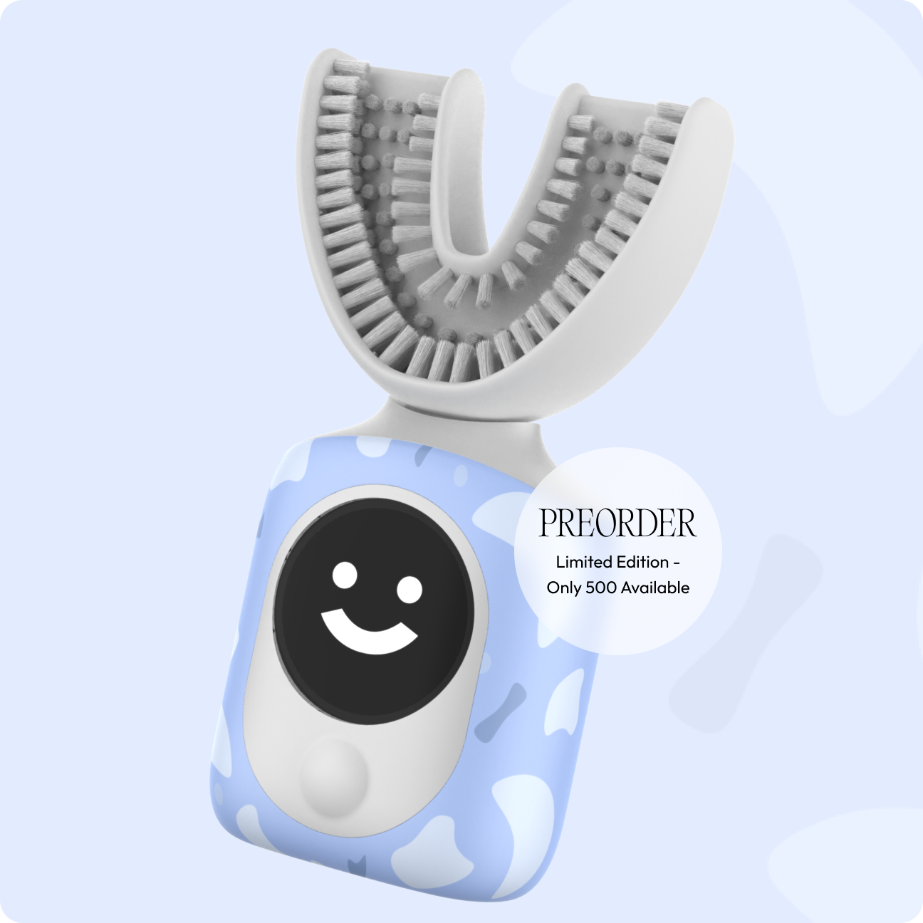 U shaped toothbrush with blue and white handle designed for kids, available for limited preorder of only 500 units.