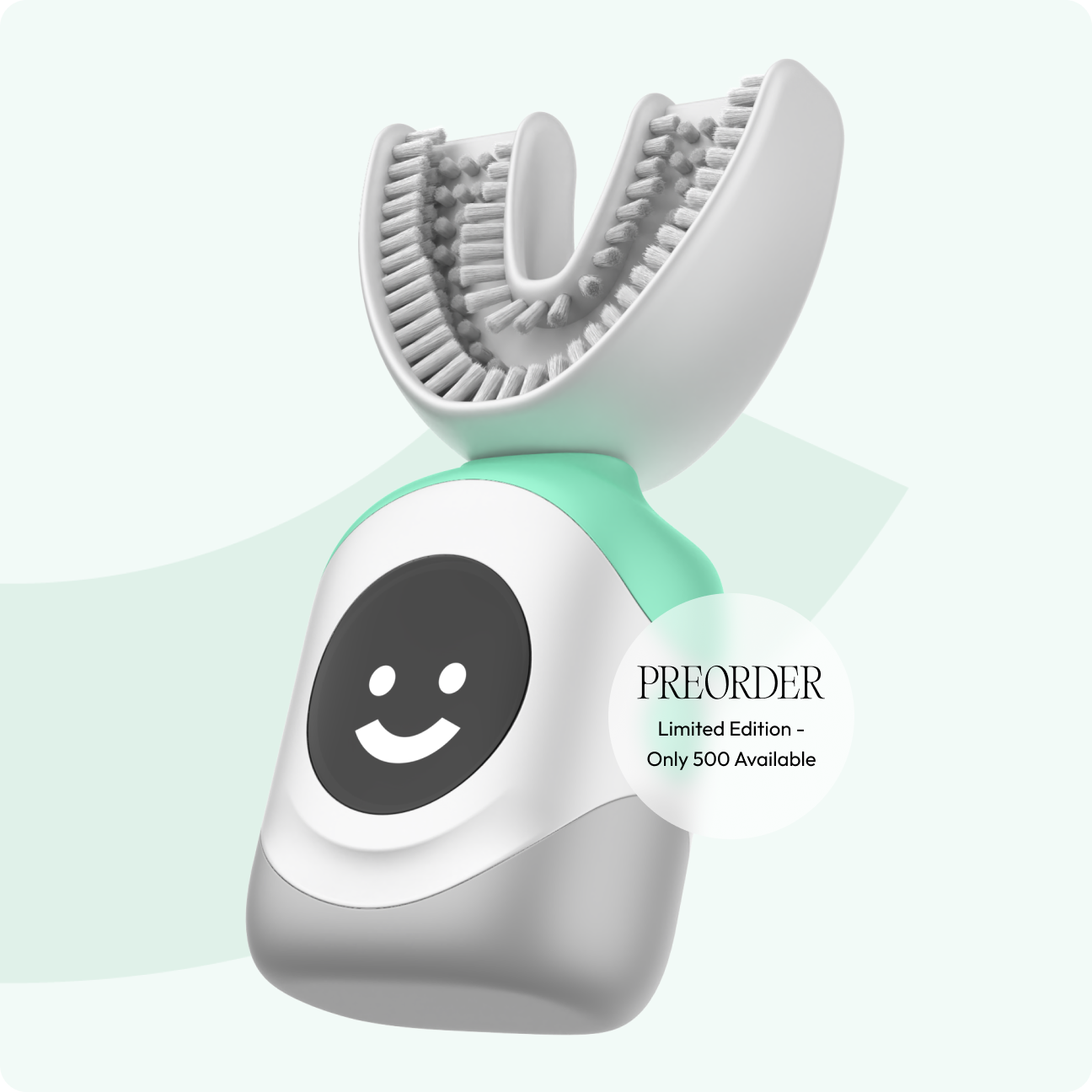 Whole mouth toothbrush with green and gray handle featuring U-shaped bristles, available for limited edition preorder of 500 units.