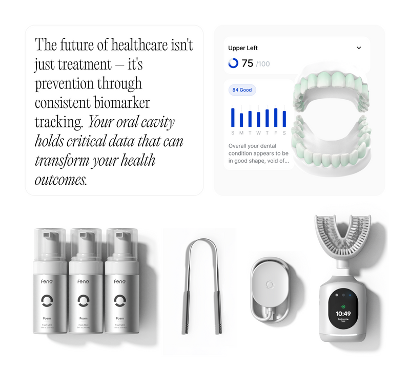 Toothbrush that connects to app for tracking oral health data, paired with foam cleanser, tongue scraper, and charging dock.