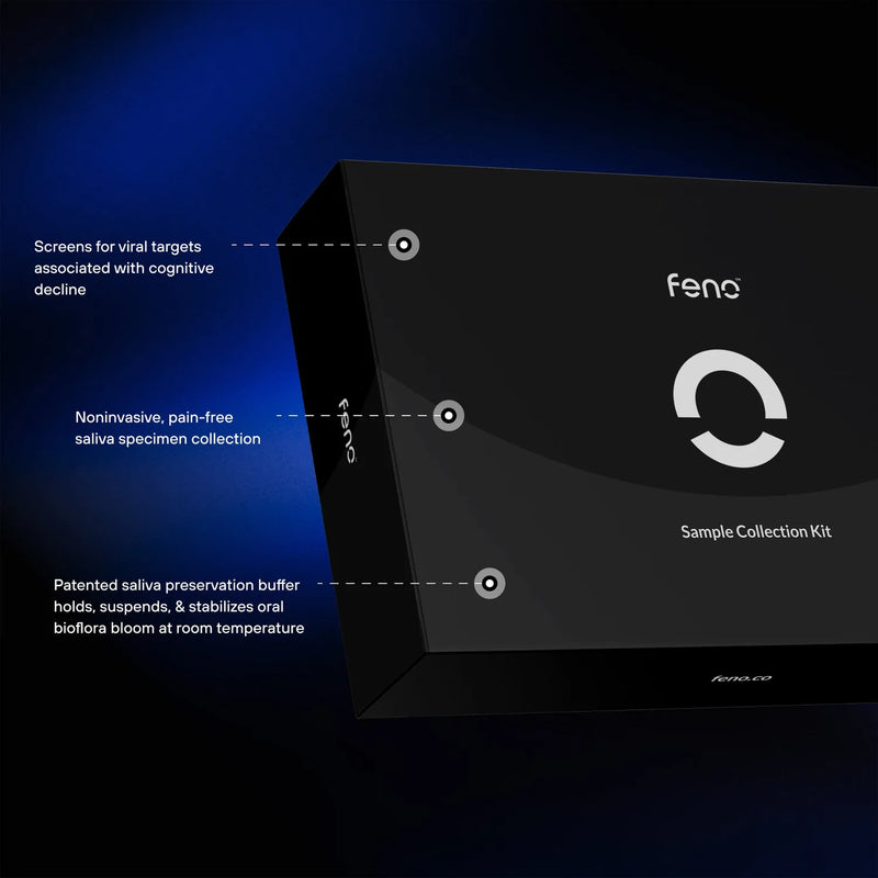 Feno oral collection kit displaying three diagnostic capabilities: cognitive health screening, noninvasive saliva collection, and patented bioflora preservation technology