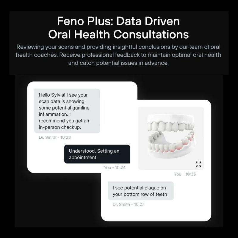 Feno Plus consultation interface showing a dentist providing personalized feedback on patient scan data via messaging and 3D tooth visualization